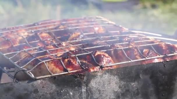 Grill Rack Avec Des Saucisses Grillées Fumée Arrive Sur Gril — Video