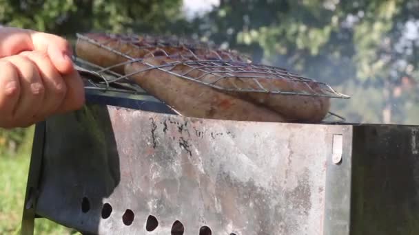 Facet Odwraca Grilla Brązowymi Kiełbaskami Gotowanie Grillu Węglowym Piknik Łące — Wideo stockowe