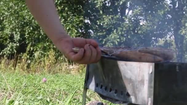 Man Turns Grill Browned Sausages Cooking Charcoal Grill Picnic Meadow — Stock Video