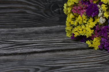 Farklı renkte çiçek demeti. Çam ağacının arka planına karşı. Yakın çekim..