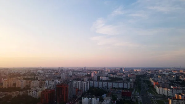 Großbaustelle Mehrgeschossige Gebäude Stadtlandschaft Bei Sonnenaufgang Luftaufnahmen — Stockfoto