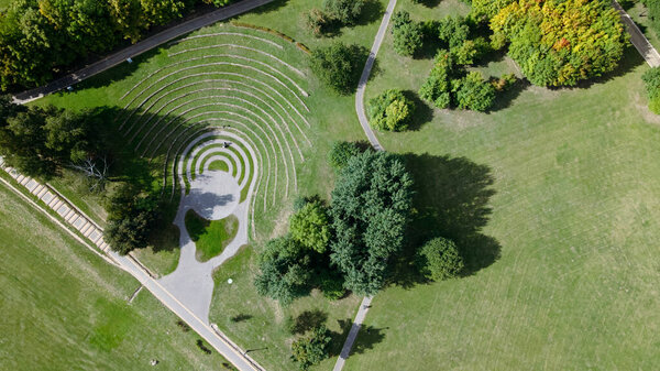 Walkways in the park area. Aerial photography.