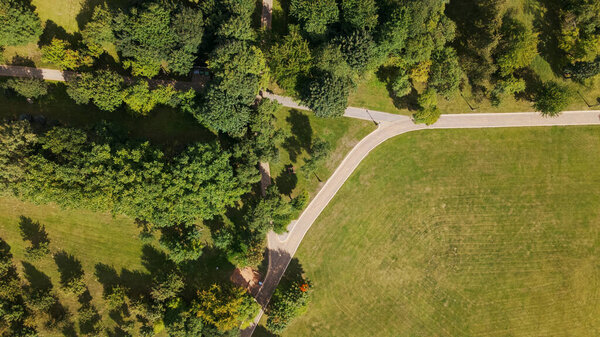 Walkways in the park area. Aerial photography.