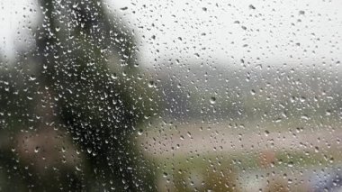 Pencere camları yağmur damlalarında. Damlalar camdan aşağı akıyor. Pencerenin dışında, rüzgarda sallanan bir ağaç odak dışı..