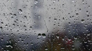 Pencere camları yağmur damlalarında. Damlalar camdan aşağı akıyor. Pencerenin dışında, çok katlı binalar odak dışı. Sonbahar ağaçları rüzgarda sallanıyor. Yakın çekim..