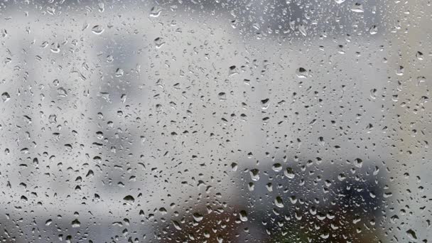 Віконне Скло Краплі Дощу Краплі Пробігають Склянці Вікном Багатоповерхові Будівлі — стокове відео