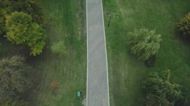 Bulutlu havada sonbahar parkı üzerinde uçuş. Sarı sonbahar yapraklı ağaçlar görülebilir. Hava fotoğrafçılığı.