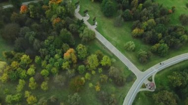 Bulutlu havada sonbahar parkı üzerinde uçuş. Sarı sonbahar yapraklı ağaçlar görülebilir. Hava fotoğrafçılığı.