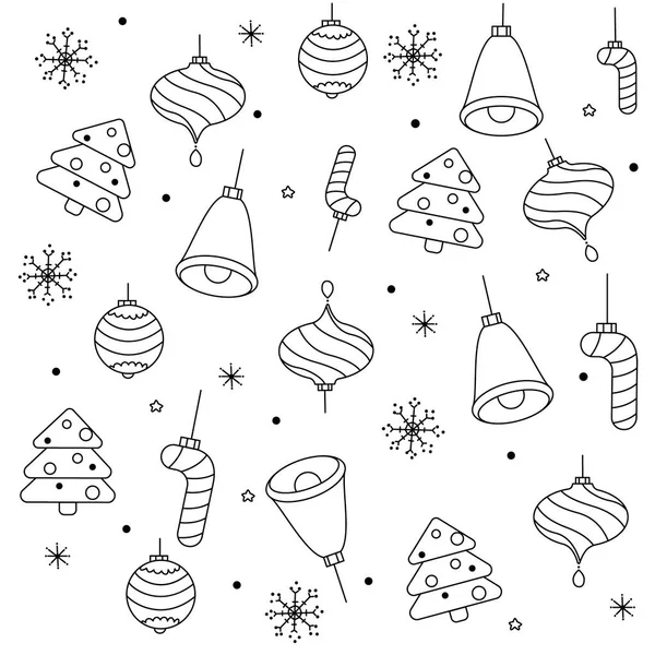 New Year Christmas winter holidays seamless pattern with  candys, christmas tree, toys, bells, snowflakes.  Happy Winter Holiday background. Doodle outline ornament for  wrapping paper, wall paper.