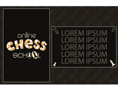 Çevrimiçi satranç okulu afişi, poster, logo, kapı işareti, web sayfası şablonu. Satranç taşları koyu arkaplan. COVID-19 salgını sırasında çevrimiçi eğitim. Kendi metnini kullan. Satranç oyunları kulübü.