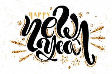 Mutlu yıllar. 2017 altın parıltısı. El ilanı, poster, tabela, afiş, ağ, başlık için altın arkaplan. Soyut sarı sembol metni, tip, alıntı. Işık bulanık arkaplan. Noel ışıltılı parti logo vektörü