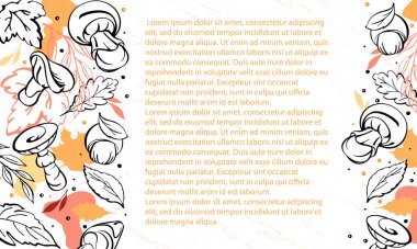 Sonbahar yaprakları ve mantarlı mutlu sonbahar afişi, akçaağaç portakalı, kestane ağacı, meşe ağacı. Sonbahar sezonu posteri sınırı