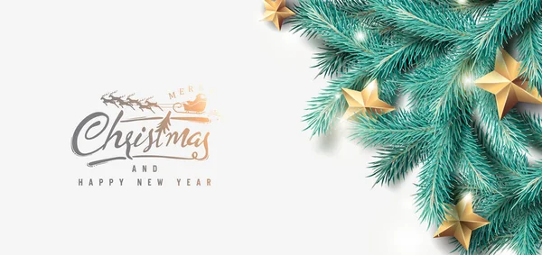 現実的な木の枝と金の星とベクトルメリークリスマスと幸せな新年の背景デザイン — ストックベクタ