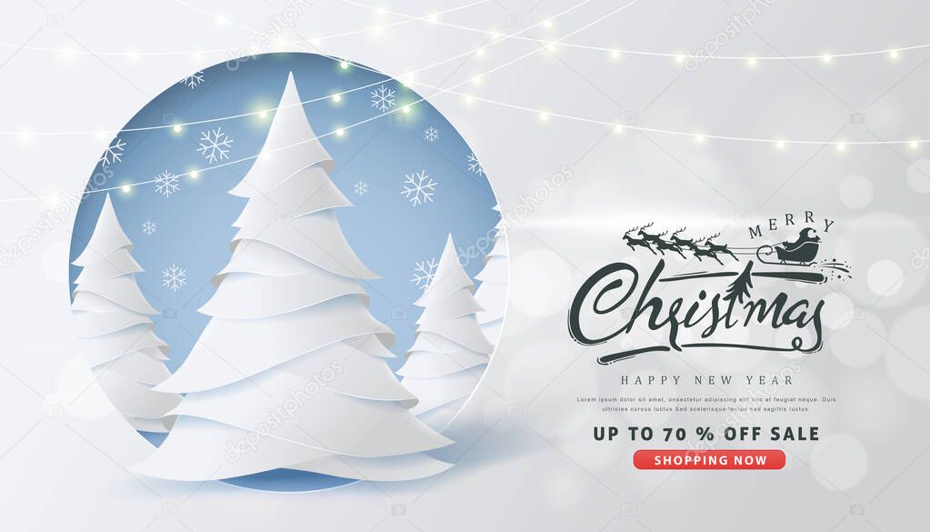 Calligraphic Merry Christmas lettering snowy landscape background .Vector illustration template.
