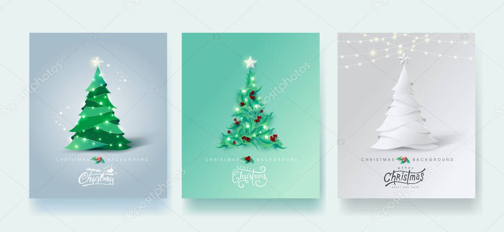 Vector merry Christmas and happy New Year design for greeting card,cover, invitation, poster, banner.Calligraphic Christmas lettering.Winter vector illustration template.Set of Christmas tree in different styles.