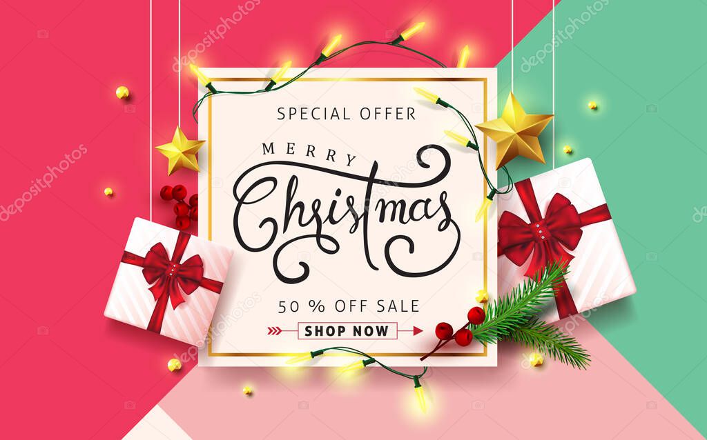Vector merry Christmas and happy New Year background design .Calligraphic Christmas lettering.Winter vector illustration template.