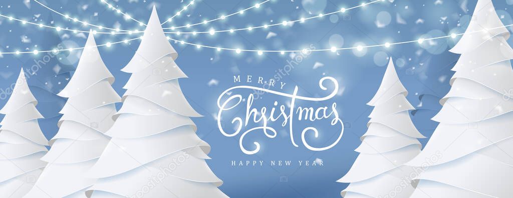 Merry Christmas and Happy New Year background for Greeting cards with christmas tree landscape growing lights and snowing paper art style.Calligraphy of christmas.Vector illustration. 