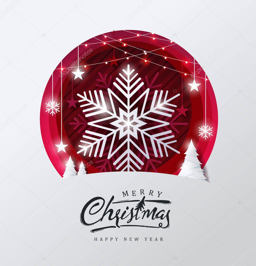 Merry christmas and happy new year background Decorated with Snowflake in forest and star paper cut style.Glowing lights Vector Illustration.