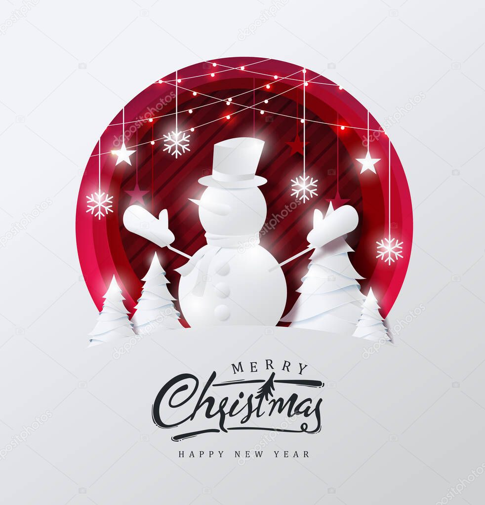 Merry christmas and happy new year background Decorated with snowman in forest and star paper cut style.Glowing lights Vector Illustration.