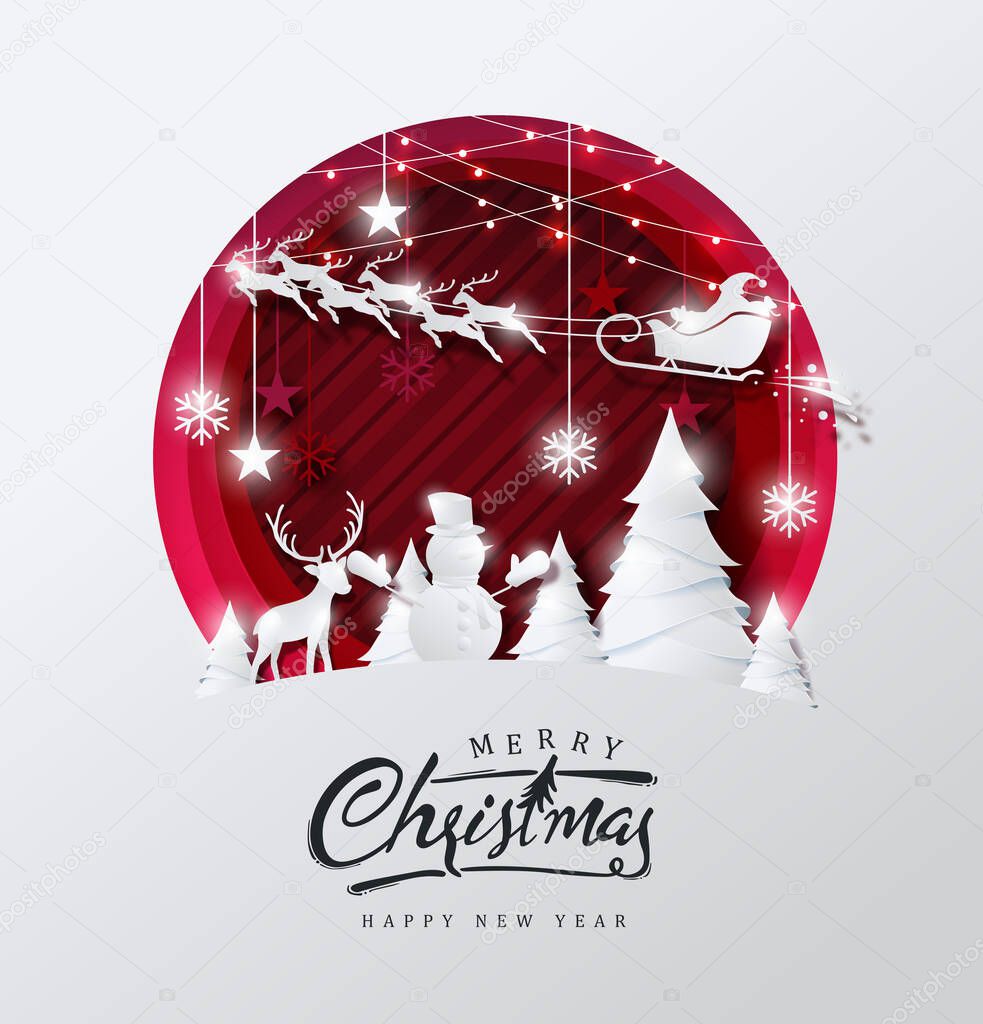 Merry christmas and happy new year background Decorated with paper cut style.Glowing lights Vector Illustration.Calligraphic Christmas lettering