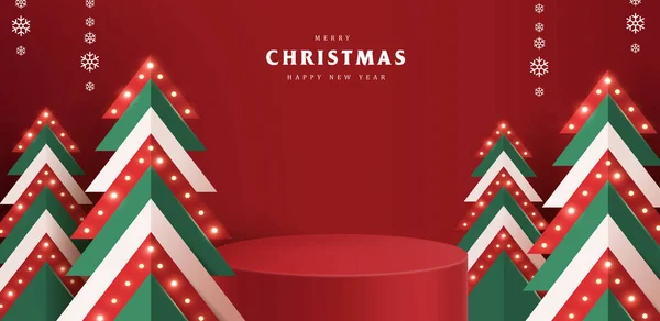 Merry Christmas Banner Dengan Tampilan Produk Berbentuk Silinder - Stok Vektor