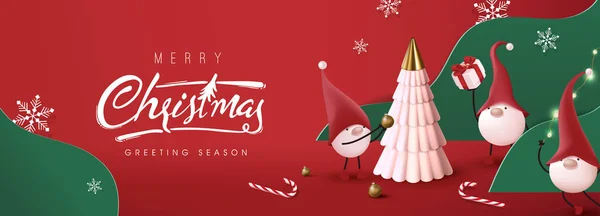 可愛いノームとクリスマスのためのお祝いの装飾とメリークリスマスバナー — ストックベクタ