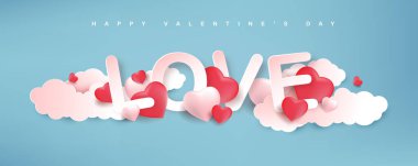 Sevgililer Günü kağıt tasarımı, pembe kalpler ve bulutlar. Davetiye kartına bayılıyorum..