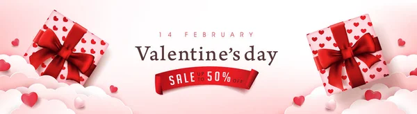 Valentijnsdag Verkoop Poster Banner Rode Backgroud Met Geschenkdoos Hart — Stockvector