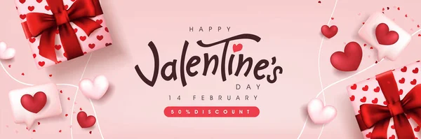 Valentijnsdag Verkoop Poster Banner Rode Backgroud Met Geschenkdoos Hart — Stockvector