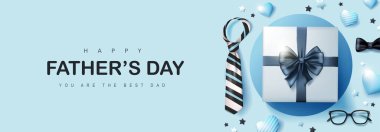 Babalar günü kartı ve mavi arka planda babam için hediye kutusu.