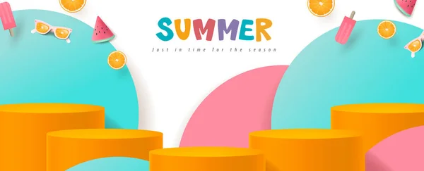 Banner Venta Verano Con Pantalla Producto Forma Cilíndrica — Vector de stock