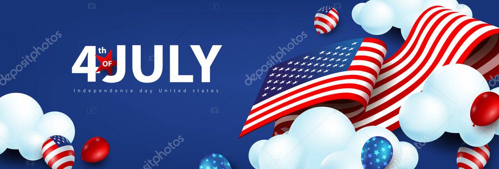 Independence day USA celebration banner with american balloons and Flag of the United States. 