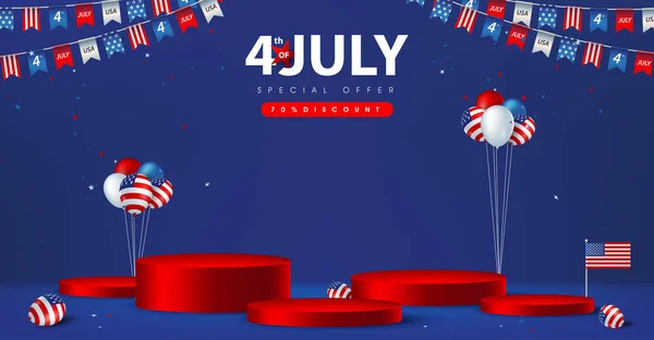 Unabhängigkeitstag Usa Verkaufsbanner Mit Produktdisplay Zylindrische Form Und Amerikanische Luftballons — Stockvektor