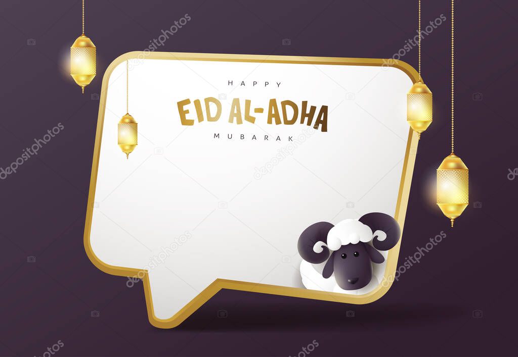 Eid Al Adha Mubarak the celebration of Muslim community festival calligraphy with White sheep and copy space