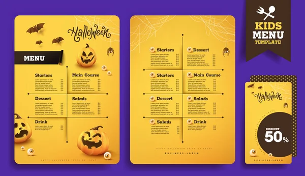 Projeto Modelo Menu Crianças Halloween Com Personagens Halloween Desenhos Animados — Vetor de Stock