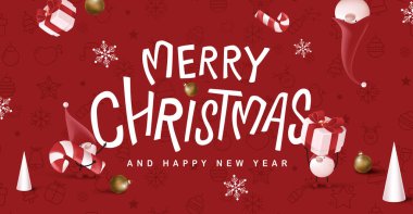 Kaligrafi Sevimli cüceler ve Noel süslemeleri ile Mutlu Noeller bayrağı