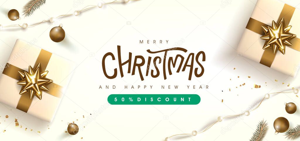 Merry Christmas sale banner template with golden festive decoration for christmas