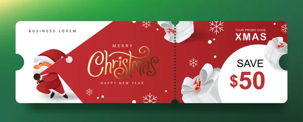 Feliz Navidad Regalo Promoción Banner Cupón Con Lindo Santa Claus — Vector de stock