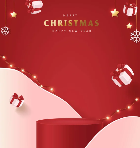 Bannière Noël Joyeuse Avec Affichage Produit Forme Cylindrique Décoration Festive — Image vectorielle