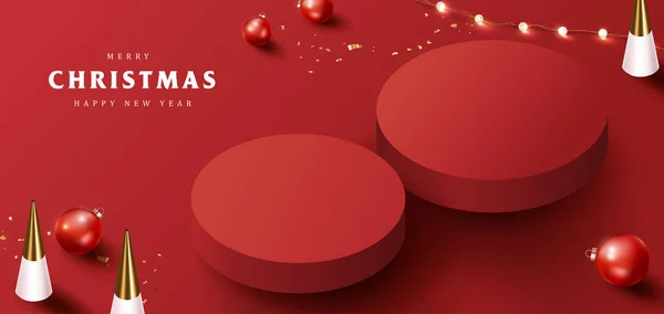 製品表示円筒形とお祝いの装飾付きメリークリスマスバナー — ストックベクタ