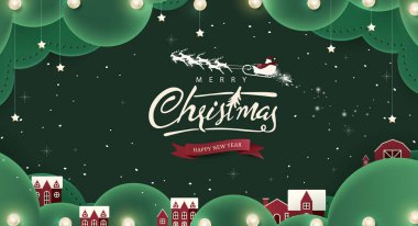 Noel pankartı arka planında Noel Baba kızağı kar ve Noel kutlamaları ve mevsimsel promosyonlar için dekoratif unsurlar var.