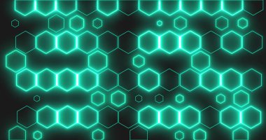 Farklı boyutlarda altıgenler yeşil ışık saçar. Geometrik soyut desen. Güzel dekoratif ekran koruyucu, arkaplan.