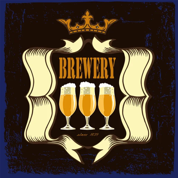 ビールのグラスと王冠があるブラッスリー レストランのビールのラベル. — ストックベクタ
