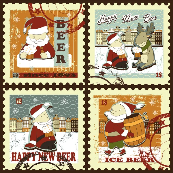 Postage stamps for happy New beer with santa. — Stock Vector