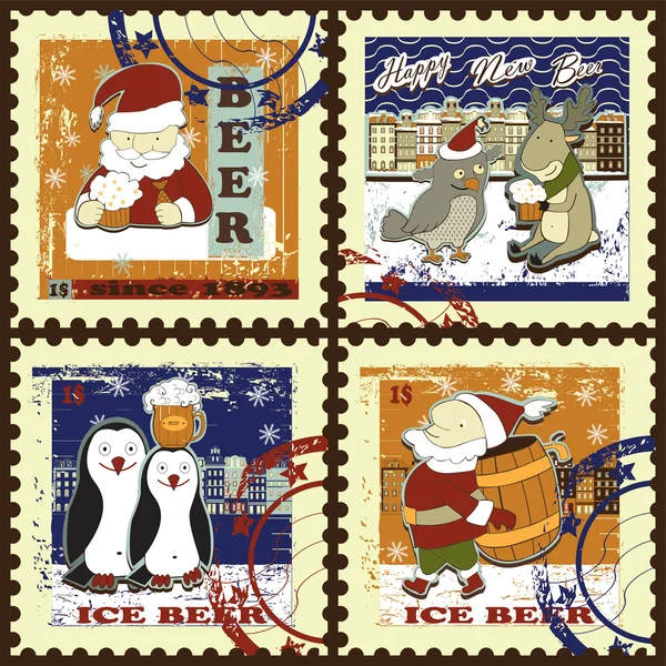 ペンギンと幸せの新しいビールの切手 — ストックベクタ
