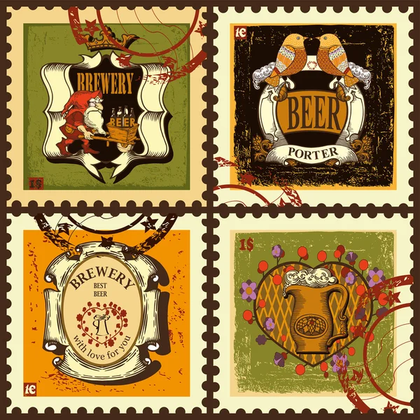 Почтовые марки ко Дню Святого Валентина на тему пива . Стоковый вектор