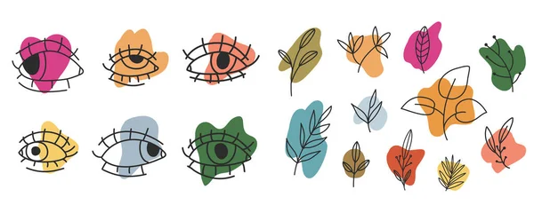 Feuilles et yeux de différentes couleurs, formes abstraites. Style de peinture à l'encre minimaliste. — Image vectorielle