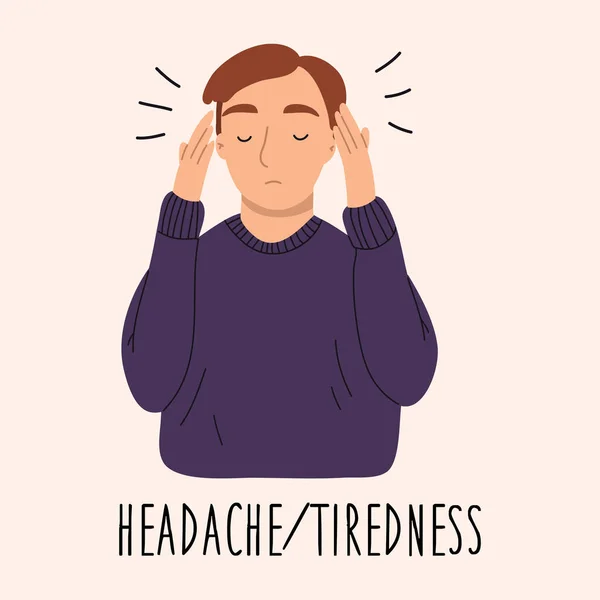 Bolest hlavy, únava 2019-nCoV covid-19 symptomy.Nemocný mladý muž. Vektorový ručně kreslený obrázek. — Stockový vektor