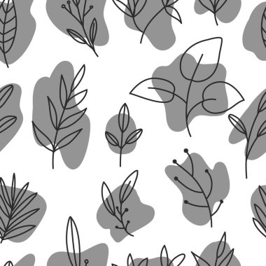 Kusursuz desenli siyah beyaz yapraklar, soyut şekiller. Mürekkep boyama stili.