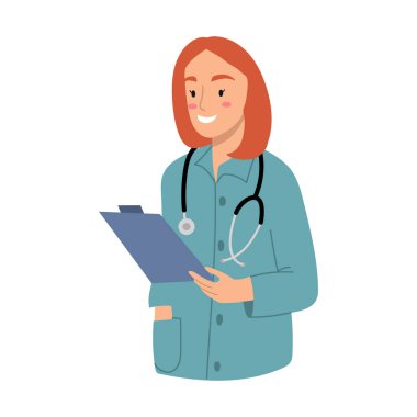 Beyaz arka planda steteskobu olan kadın doktor karakteri.